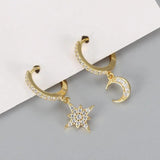 Geometric 925 Silver Hoop Earrings Star Moon Female Jewelry