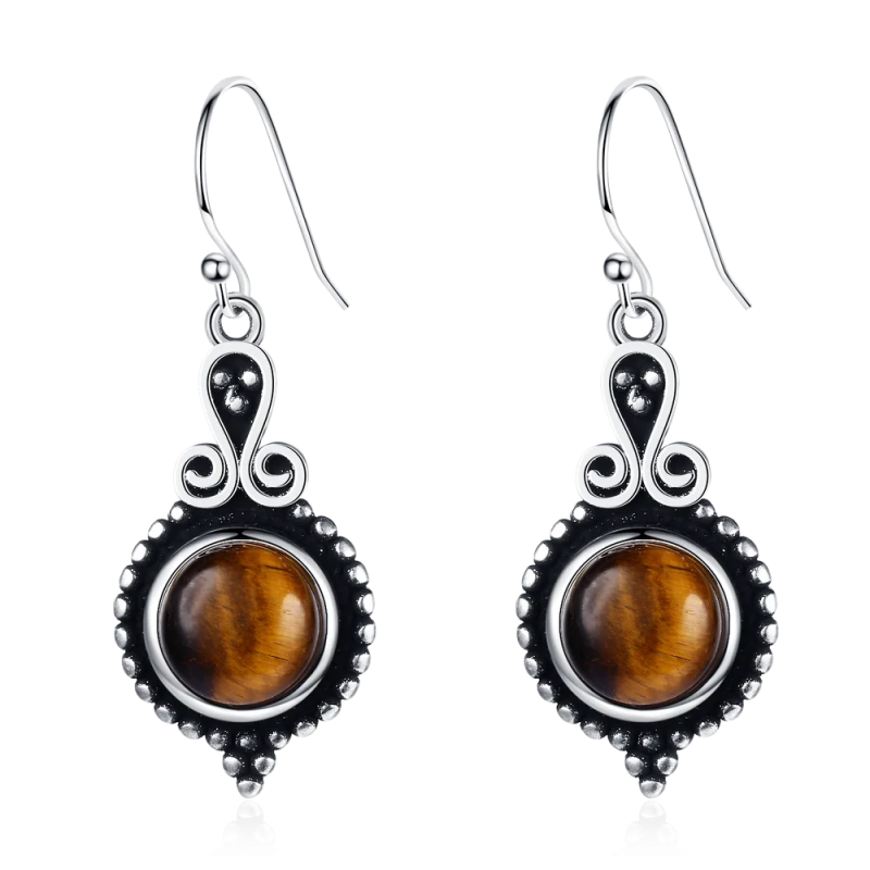 Tiger Eye Drop Earrings S925 Sterling Silver Rhodochrosite Charoite Jewelry