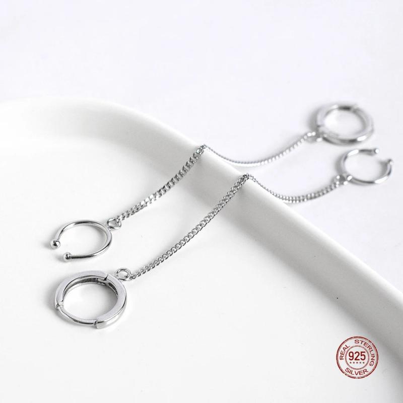 925 Silver Circle Long Chain Hoop Earrings for Women Punk Jewelry