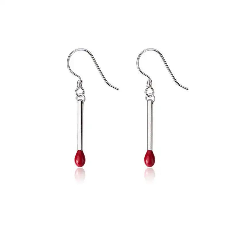 S925 Sterling Silver Red Matches Shape Drop Earrings Girl Family Jewelry Gift
