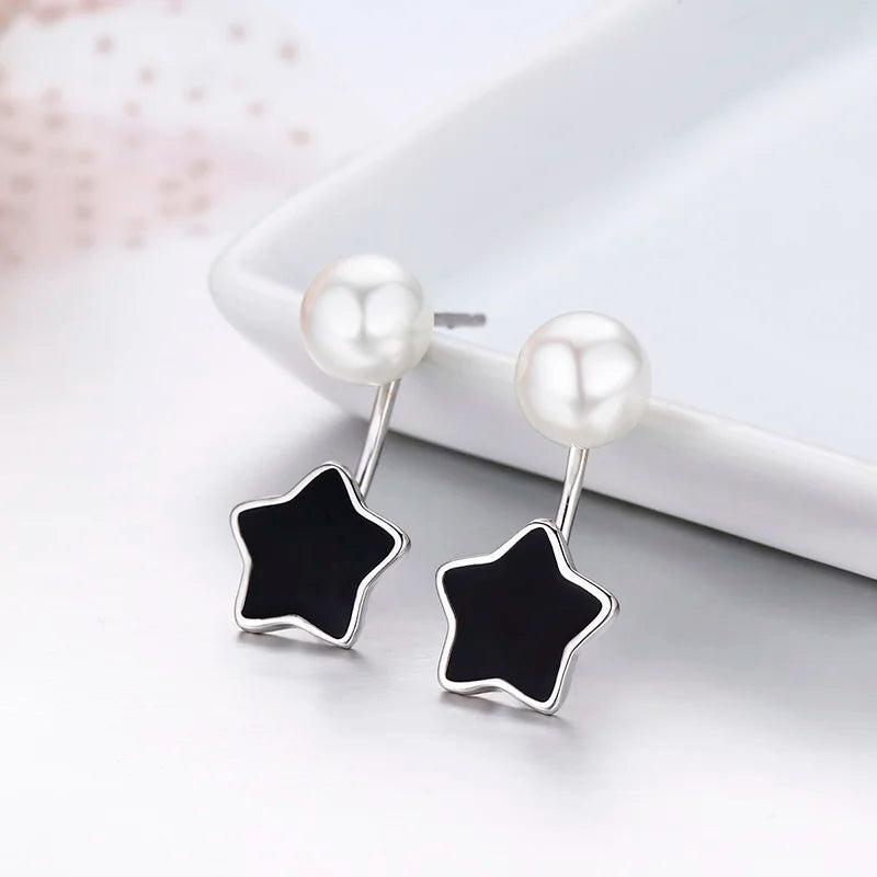 925 Silver Star & Faux Pearl Front-Back Stud Earrings Girls Jewelry