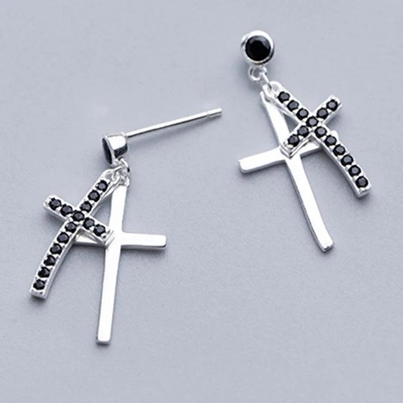 Punk Cross Earrings 925 Sterling Silver Long CZ Statement Girl Gift