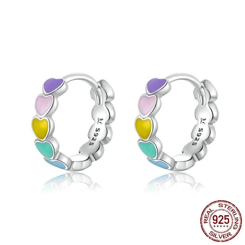 925 Silver Heart Earrings Multicolor Enamel Hoop Rainbow Jewelry