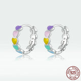 925 Silver Heart Earrings Multicolor Enamel Hoop Rainbow Jewelry