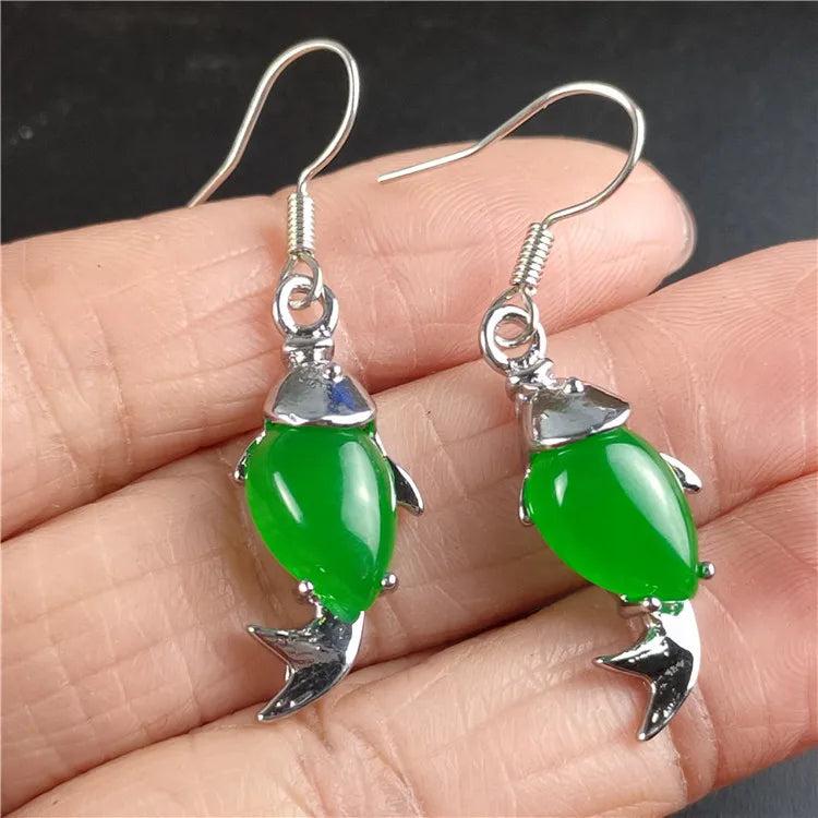 Green Ma Laiyu Jade Goldfish Earrings for Women