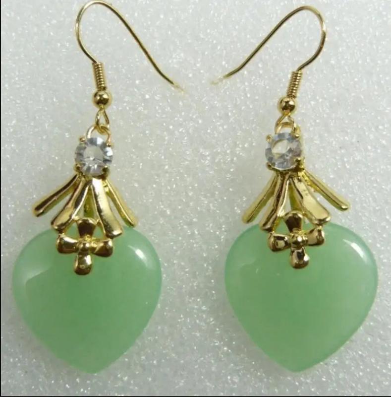 Retro Dongling Jade Heart-Shaped Earrings, Gold-Plated