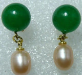 Green Jade Round + Pink Freshwater Pearl Earrings