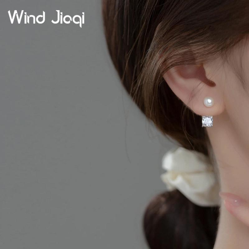 925 Silver Square Diamond Pearl Stud Earrings Women Jewelry Gift