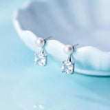 925 Silver Square Diamond Pearl Stud Earrings Women Jewelry Gift