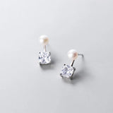 925 Silver Square Diamond Pearl Stud Earrings Women Jewelry Gift