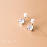 925 Silver Square Diamond Pearl Stud Earrings Women Jewelry Gift