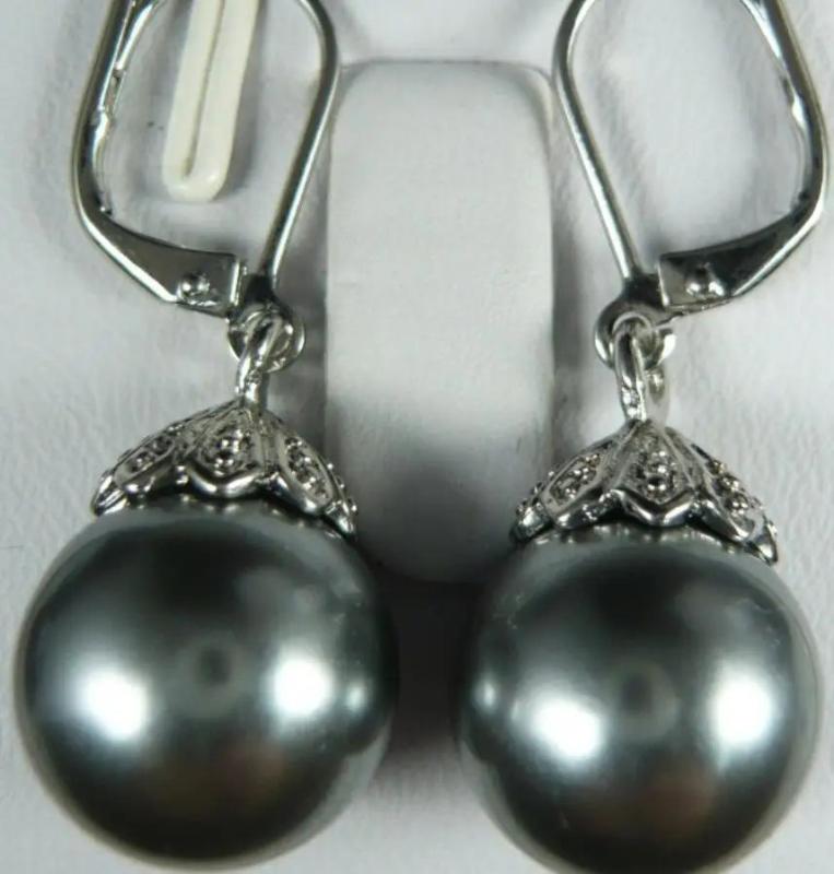 Retro Grey Shell Pearl Round Silver Earrings