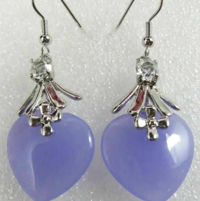 Purple Jade Heart-Shaped Earrings, Retro Style, Silver Plated