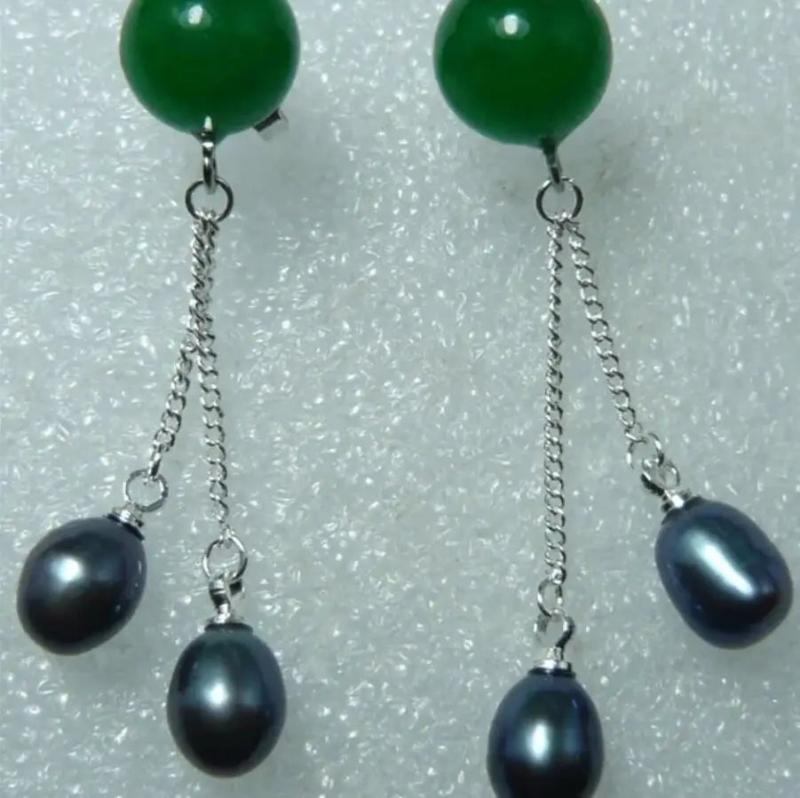 Jade Round & Fresh Water Pearl Double Line Earrings
