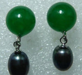 Green Jade & Pearl Butterfly Earrings, Retro Style