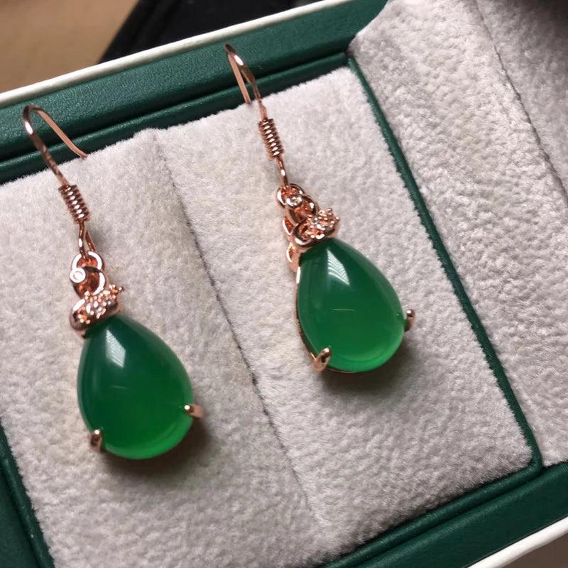 Rose Sterling Silver 925 Water Drop Earrings Natural Chalcedony Jade