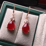 Rose Sterling Silver 925 Water Drop Earrings Natural Chalcedony Jade