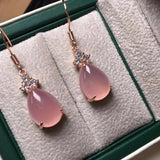 Rose Sterling Silver 925 Water Drop Earrings Natural Chalcedony Jade