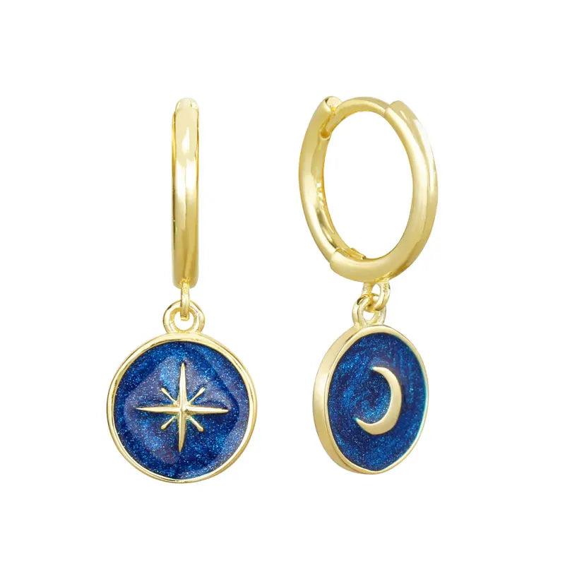 925 Sterling Silver Starry Sky Hoop Earrings Enamel Moon Pendant