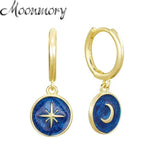 925 Sterling Silver Starry Sky Hoop Earrings Enamel Moon Pendant