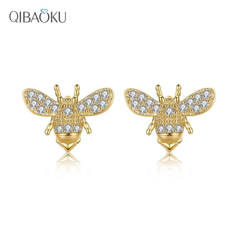 Bee Stud Earrings 925 Sterling Silver Clear Zircon Party