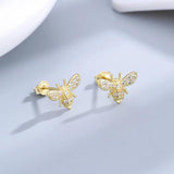 Bee Stud Earrings 925 Sterling Silver Clear Zircon Party