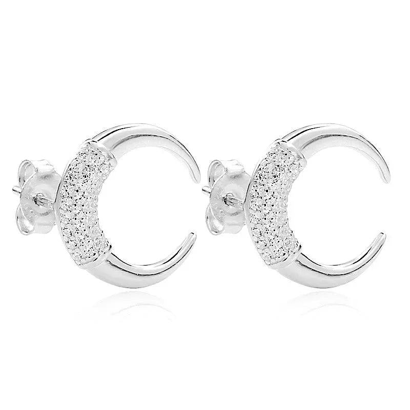 925 Silver Zircon Moon Stud Earring Xmas Party Letter C Jewelry