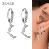 925 Silver Cross Moon Zircon Hoop Earrings for Women Men