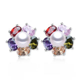 Freshwater Pearl Earrings Zircon Flower Stud 925 Silver Jewelry