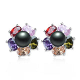 Freshwater Pearl Earrings Zircon Flower Stud 925 Silver Jewelry