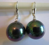 14mm Peacock Shell Pearl Dangle EARRINGS LEVERBACK 925 Sterling Silver