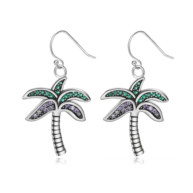 925 Silver Coconut Tree Drop Earrings with Colorful Zircon