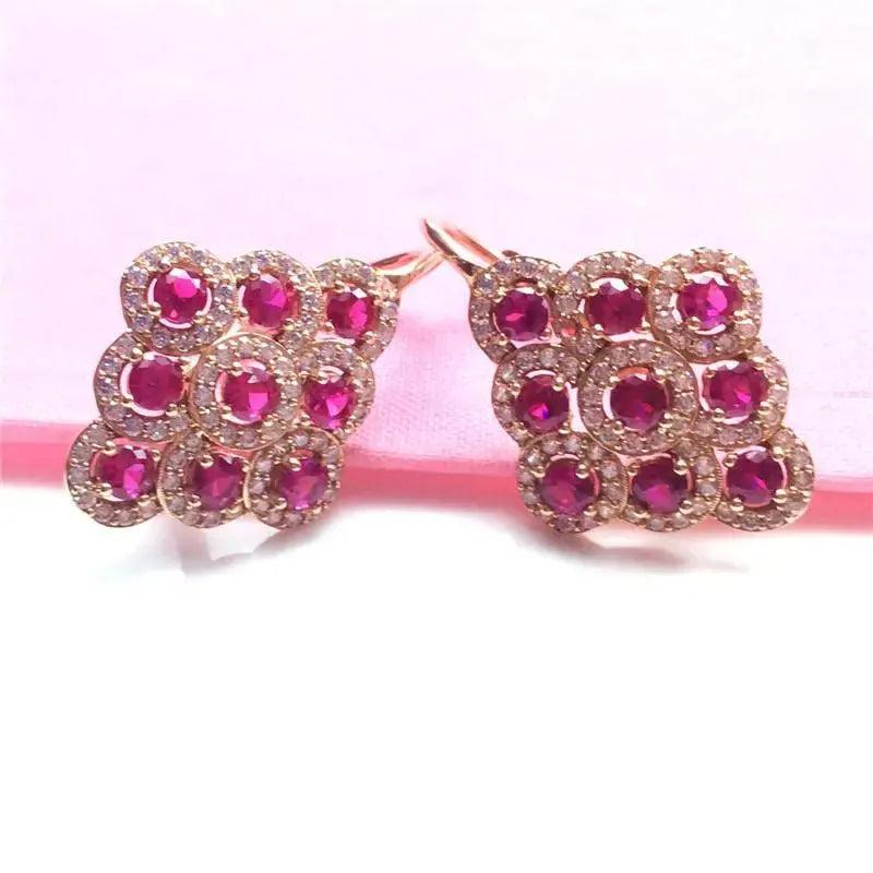 14K Rose Ruby Rhombus Earrings for Women Chinese Dinner Party Jewelry