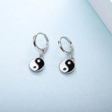 925 Sterling Silver Cathode Anode Hoop Earrings Enamel Tai Chi Pendant