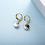 925 Sterling Silver Cathode Anode Hoop Earrings Enamel Tai Chi Pendant
