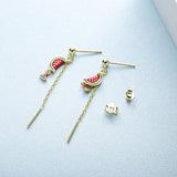 925 Silver Watermelon Chain Earrings Women's Fruit Dangle Piercing Jewelry