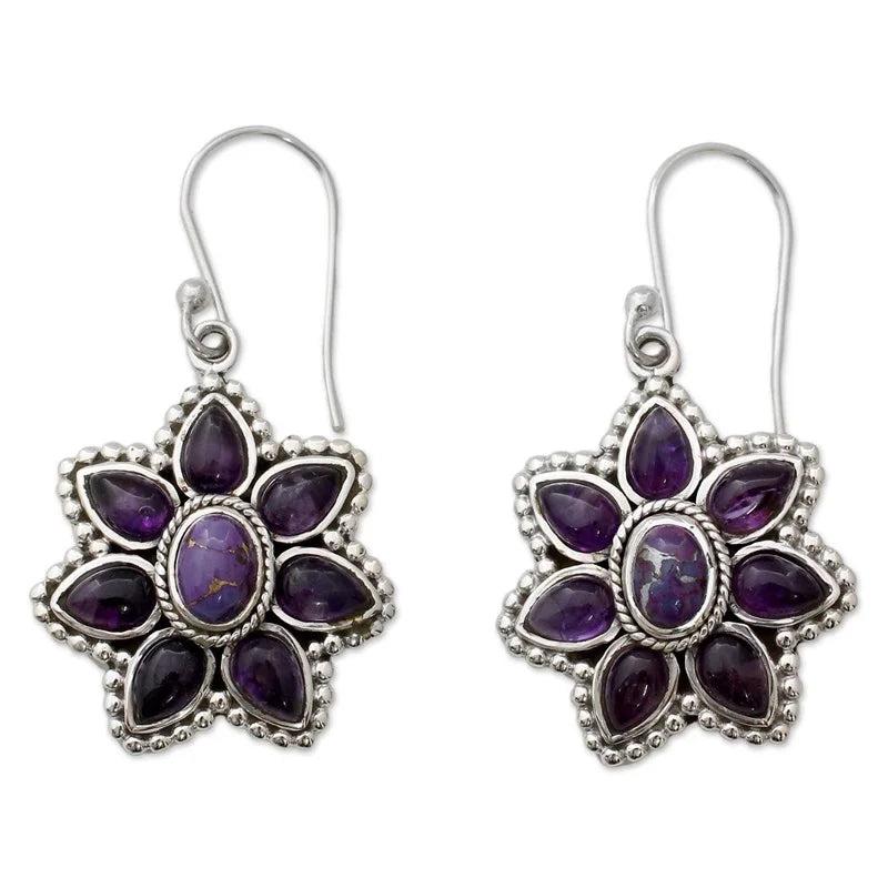 Vintage Flower Amethyst Sterling Silver Drop Earrings