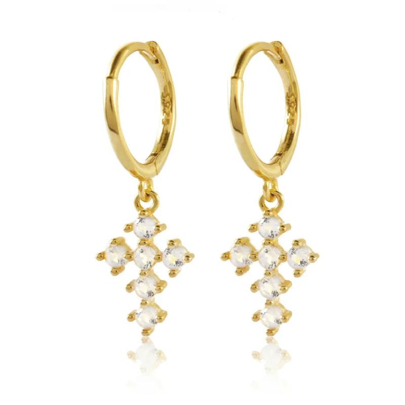 925 Silver Zircon Cross Hoop Earrings French INS Jewelry