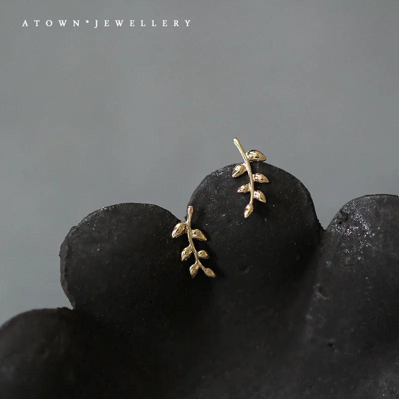 S925 Pure Silver Plate Branch Ear Nail Mini Temperament Leaf Branch Earrings