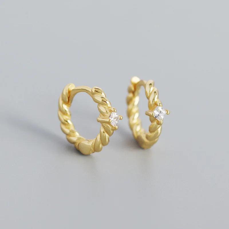 Sterling Silver Square Twist Stone Hoop Earrings for Women