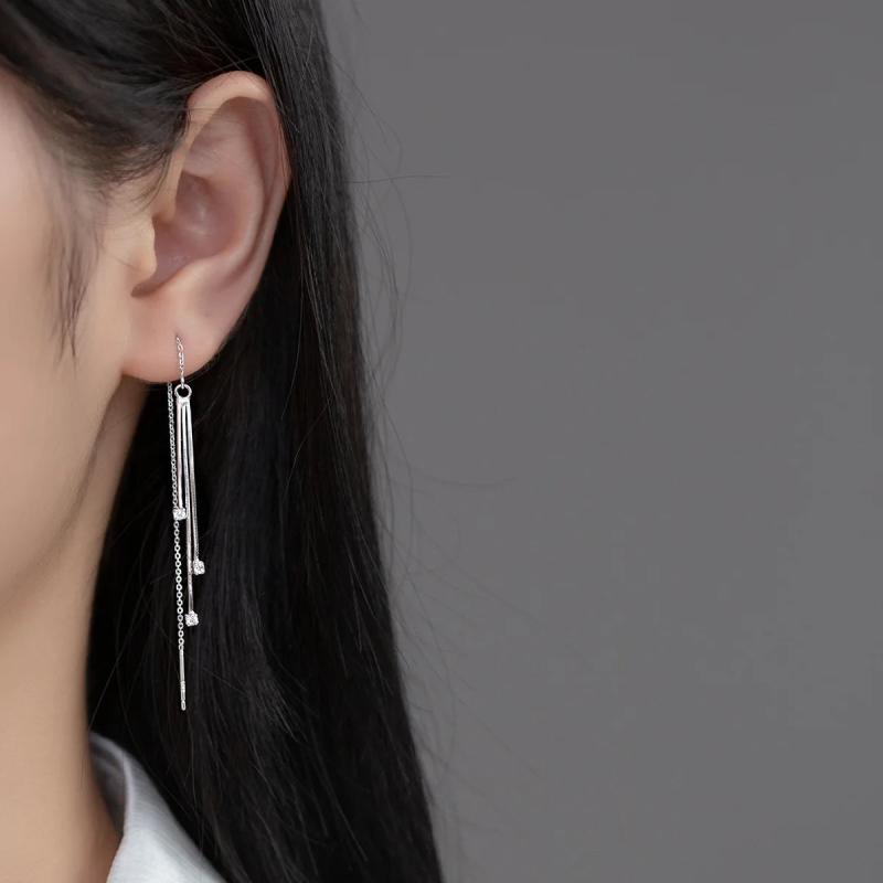 925 Sterling Silver Earrings Small Zircons Snake Bone Chain Ear Line