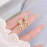 14K Real Inlaid CZ Tiny Bear Earring Studs