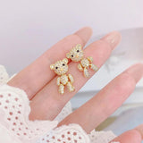 14K Real Inlaid CZ Tiny Bear Earring Studs