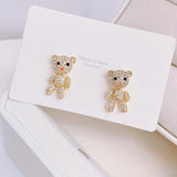 14K Real Inlaid CZ Tiny Bear Earring Studs