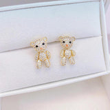 14K Real Inlaid CZ Tiny Bear Earring Studs