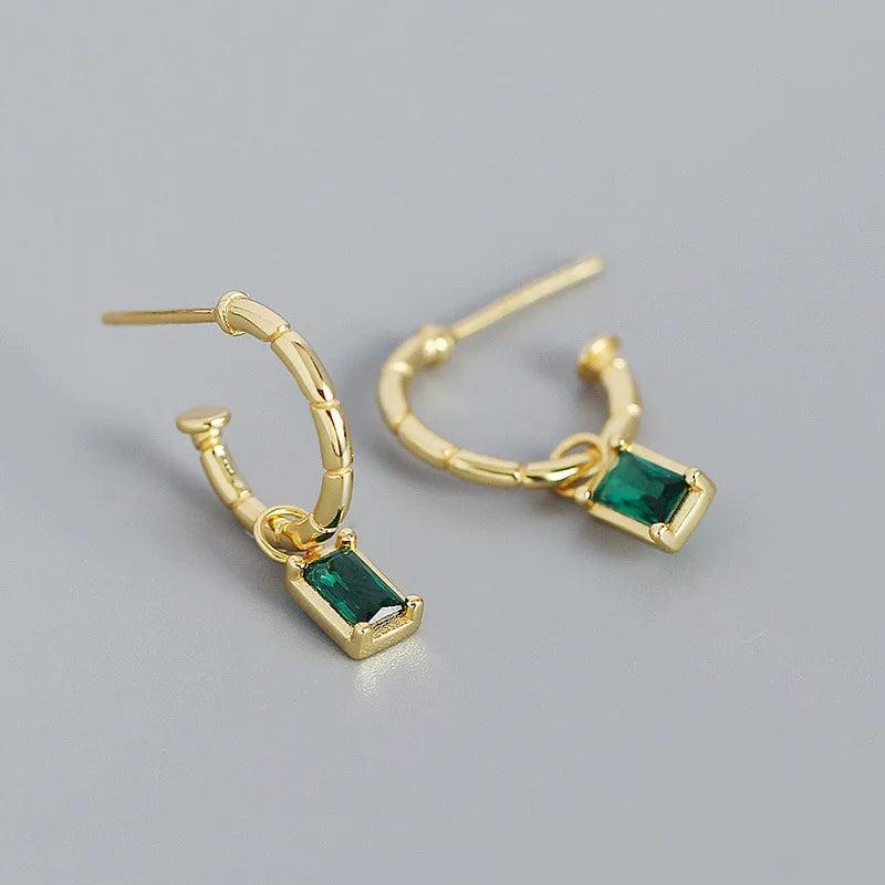 925 Silver Square Green Zircon Stud Earrings For Women