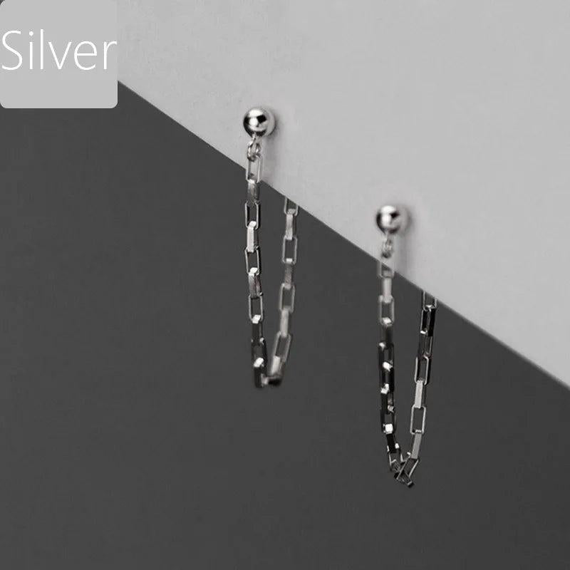 Real 925 Sterling Silver Pretty Chain Beads Stud Earrings For Women