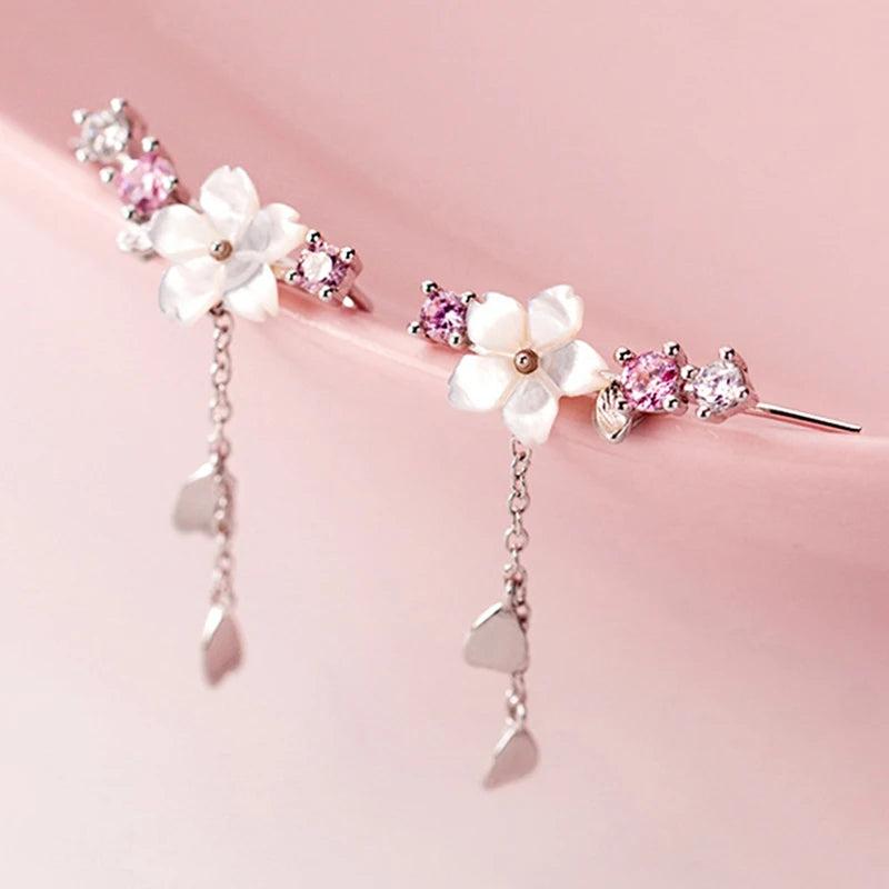 Zircon Flower Dangle Drop Earrings 925 Sterling Tassel Birthday Gift