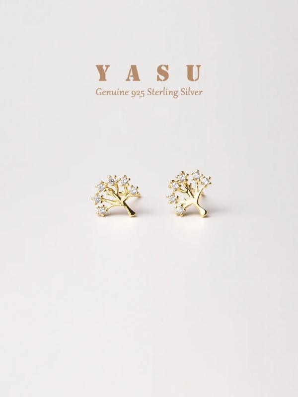 925 Silver Life Tree Stud Earrings Sparkling 14k Plated Studs Party Jewelry