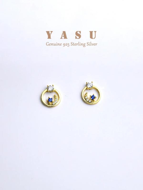 Yasu 925 Silver Sapphire Earrings Moonship Studs Sparkling Wedding Jewelry